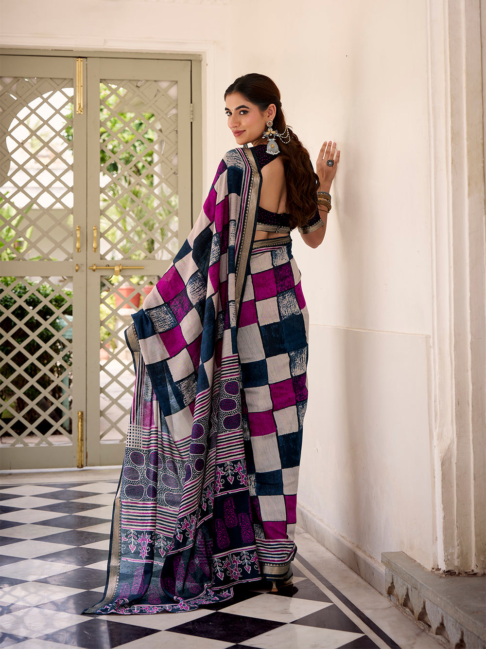 Navy blue viscose chanderi check print saree with temple lace border blouse piece