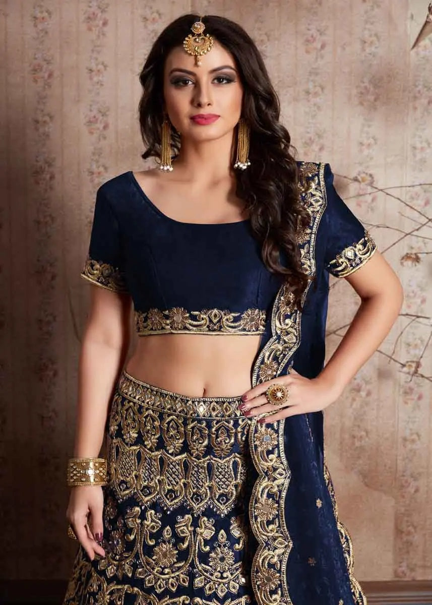 Navy blue color velvet silk embroidery designer lehenga wedding