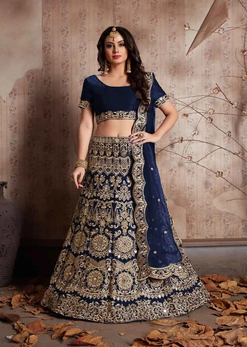 Navy blue color velvet silk embroidery designer lehenga wedding