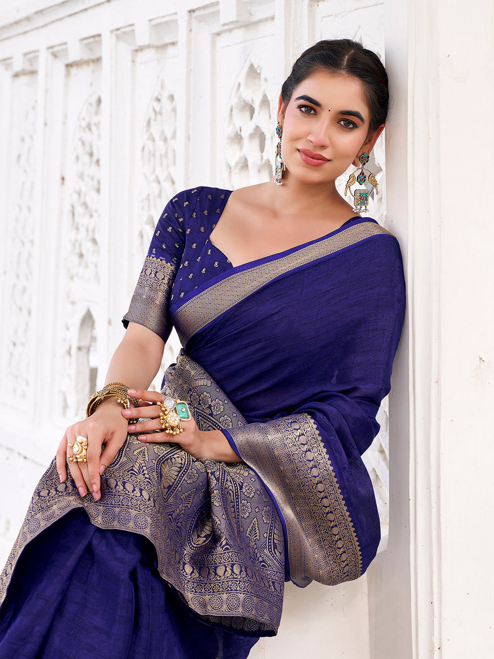 Navy blue self printed chinon saree with zari weaving unstitched blouse