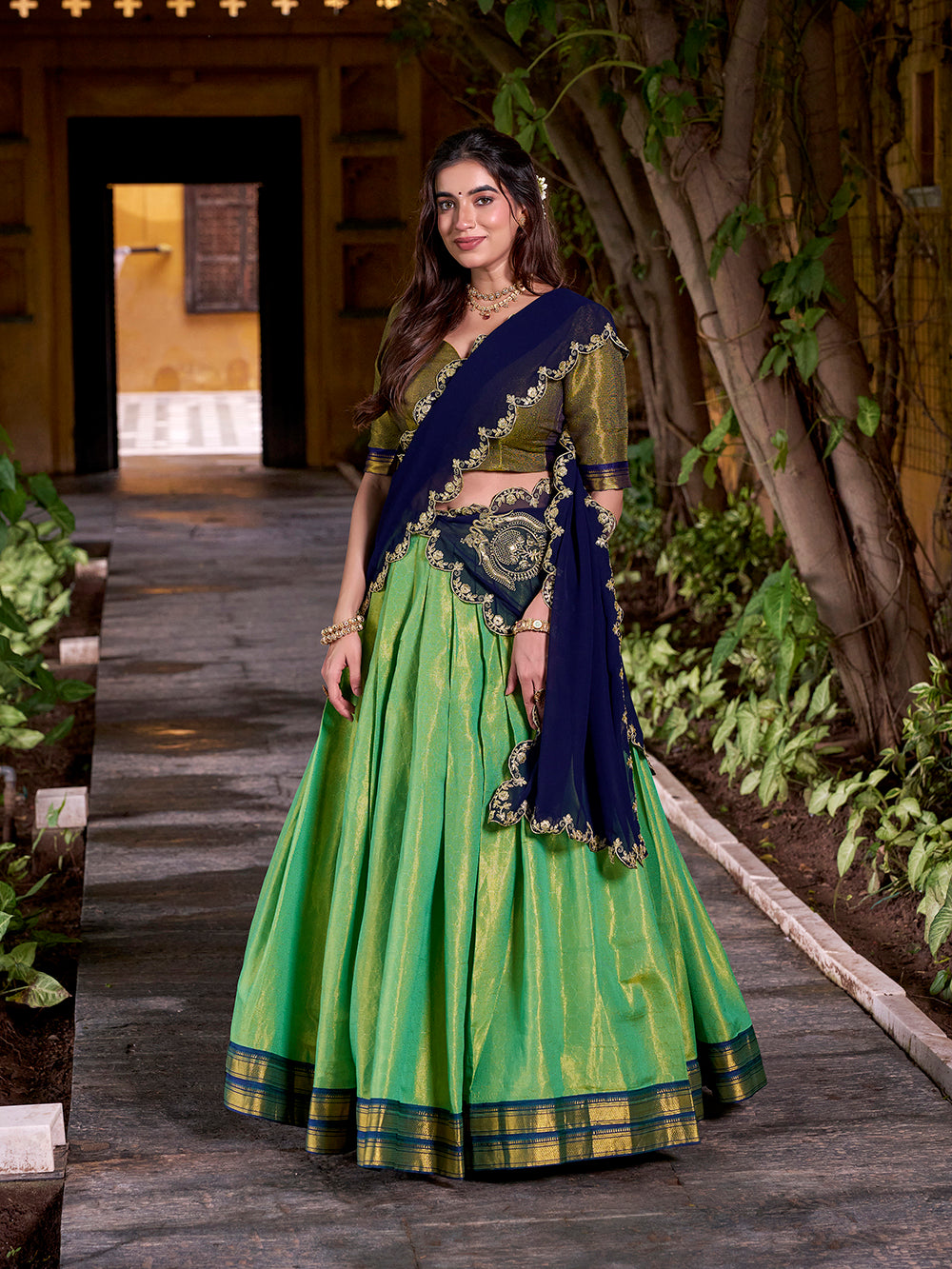 Navy blue kanchipuram lehenga choli with sequins thread embroidery zari border