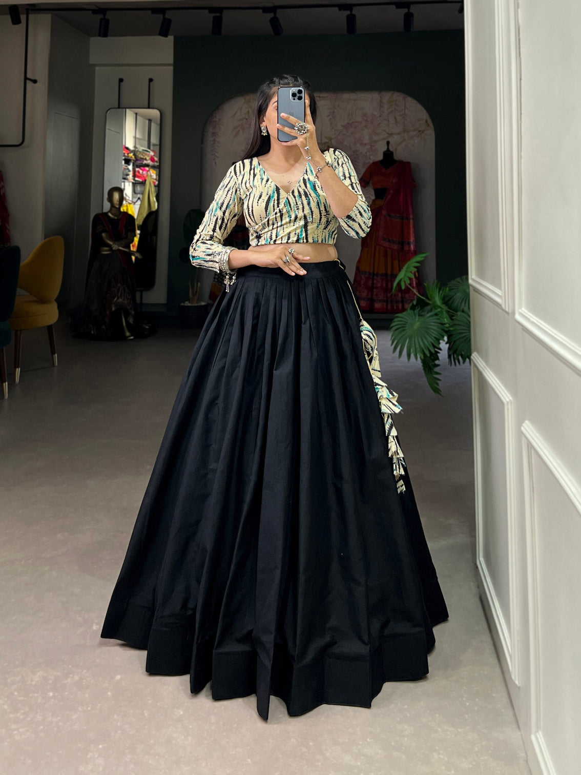 Navy Blue Cotton Lehenga Co-Ord Set with Shibori Print Blouse