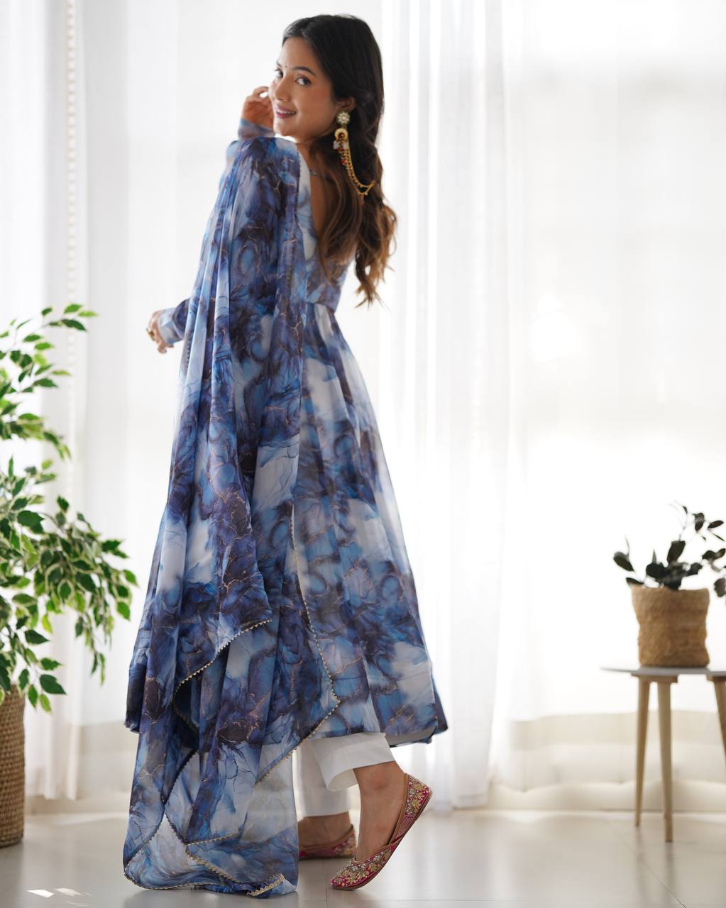 Navy Blue Designer Pure Organza Silk Marble Print Anarkali Set with Dupatta & Pant