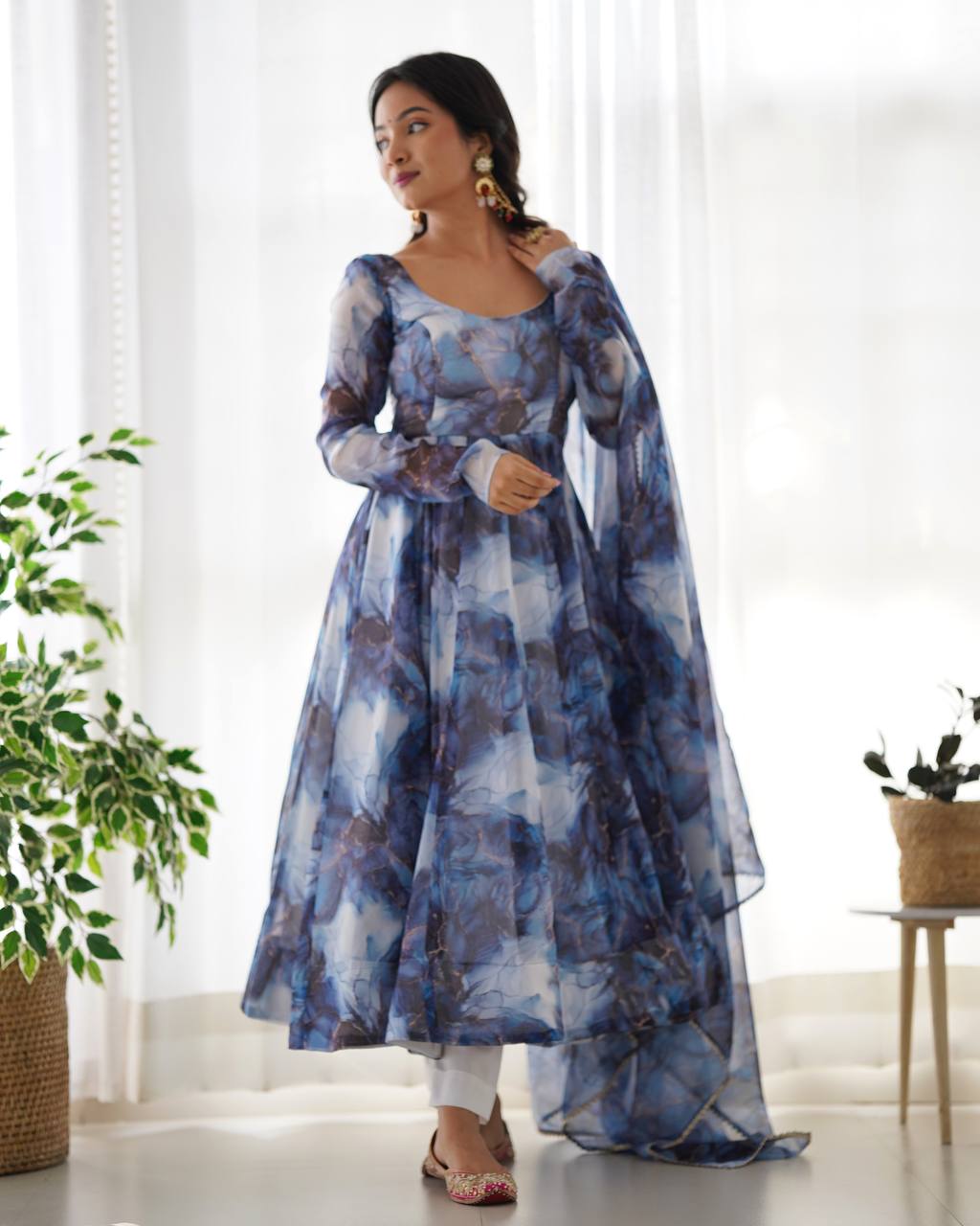Navy Blue Designer Pure Organza Silk Marble Print Anarkali Set with Dupatta & Pant