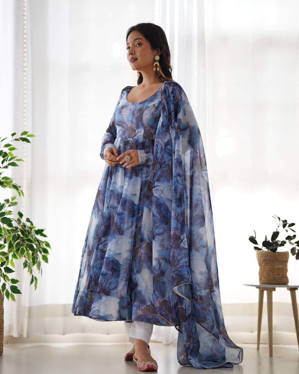 Navy Blue Designer Pure Organza Silk Marble Print Anarkali Set with Dupatta & Pant