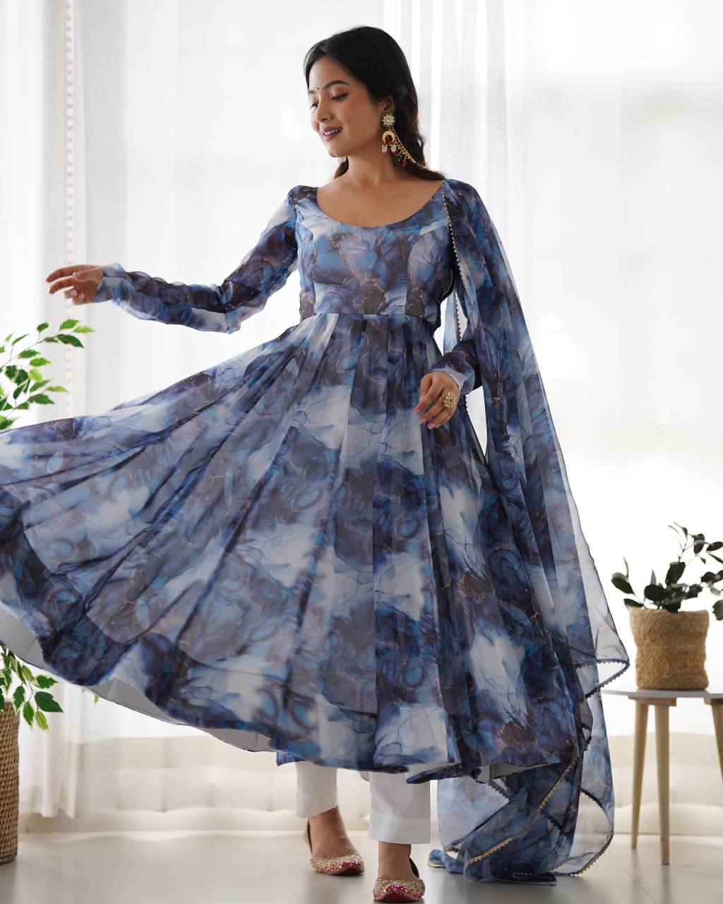 Navy Blue Designer Pure Organza Silk Marble Print Anarkali Set with Dupatta & Pant