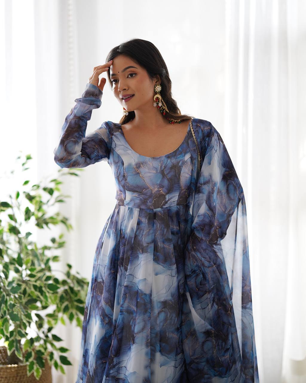 Navy Blue Designer Pure Organza Silk Marble Print Anarkali Set with Dupatta & Pant