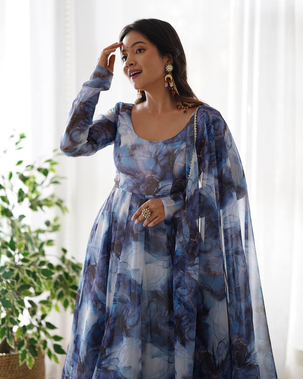 Navy Blue Designer Pure Organza Silk Marble Print Anarkali Set with Dupatta & Pant