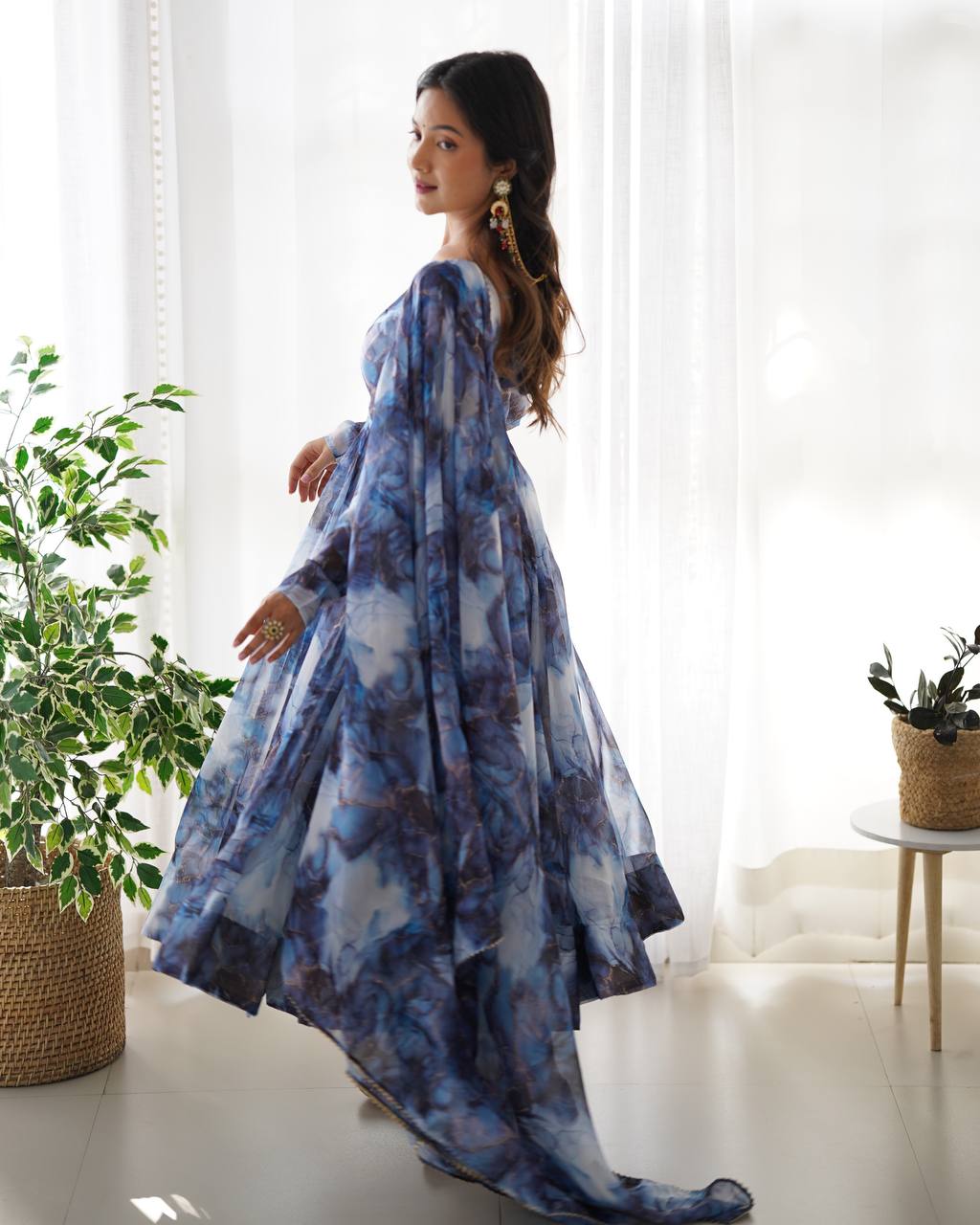 Navy Blue Designer Pure Organza Silk Marble Print Anarkali Set with Dupatta & Pant