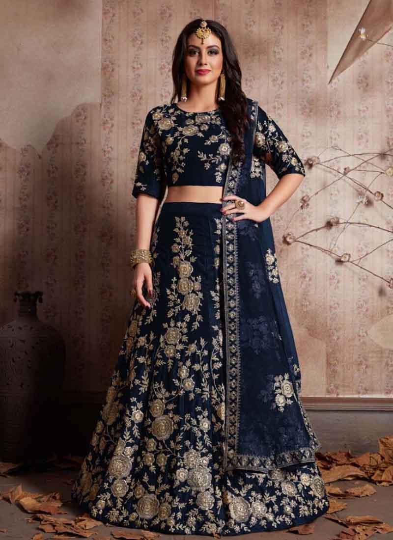 Navy Blue Dori Work Velvet Lehenga Choli And Dupatta Set