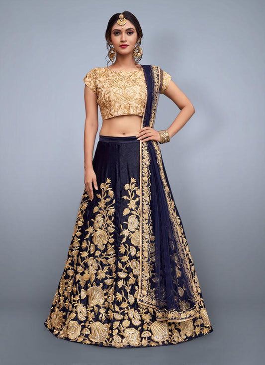 Navy Blue Dori Work Velvet Lehenga Choli