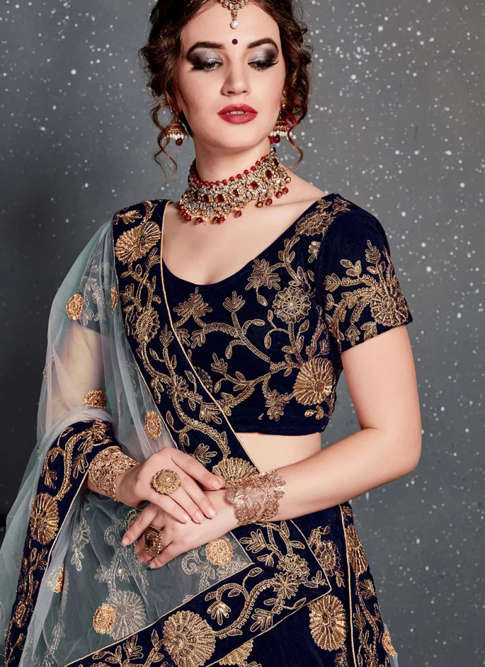 Navy blue dori work velvet lehenga
