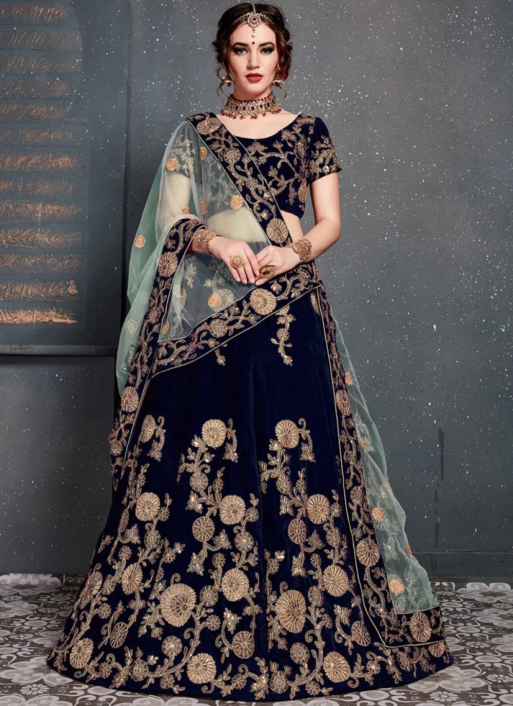 Navy blue dori work velvet lehenga