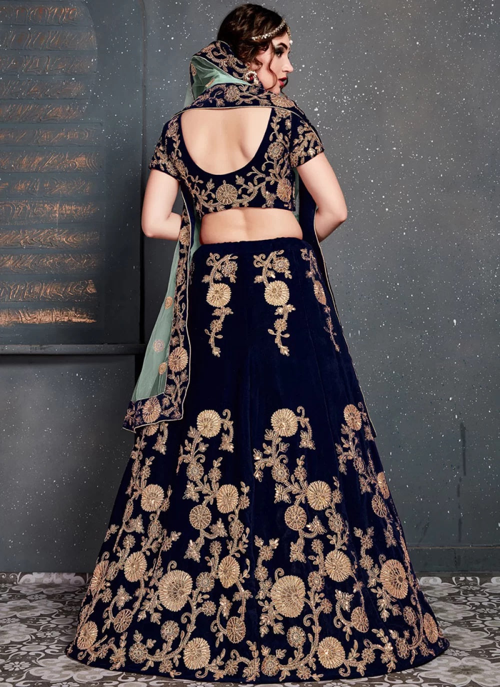 Navy blue dori work velvet lehenga