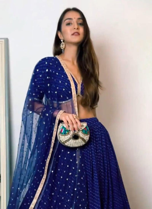 Navy Blue Dotted Flared Lehenga