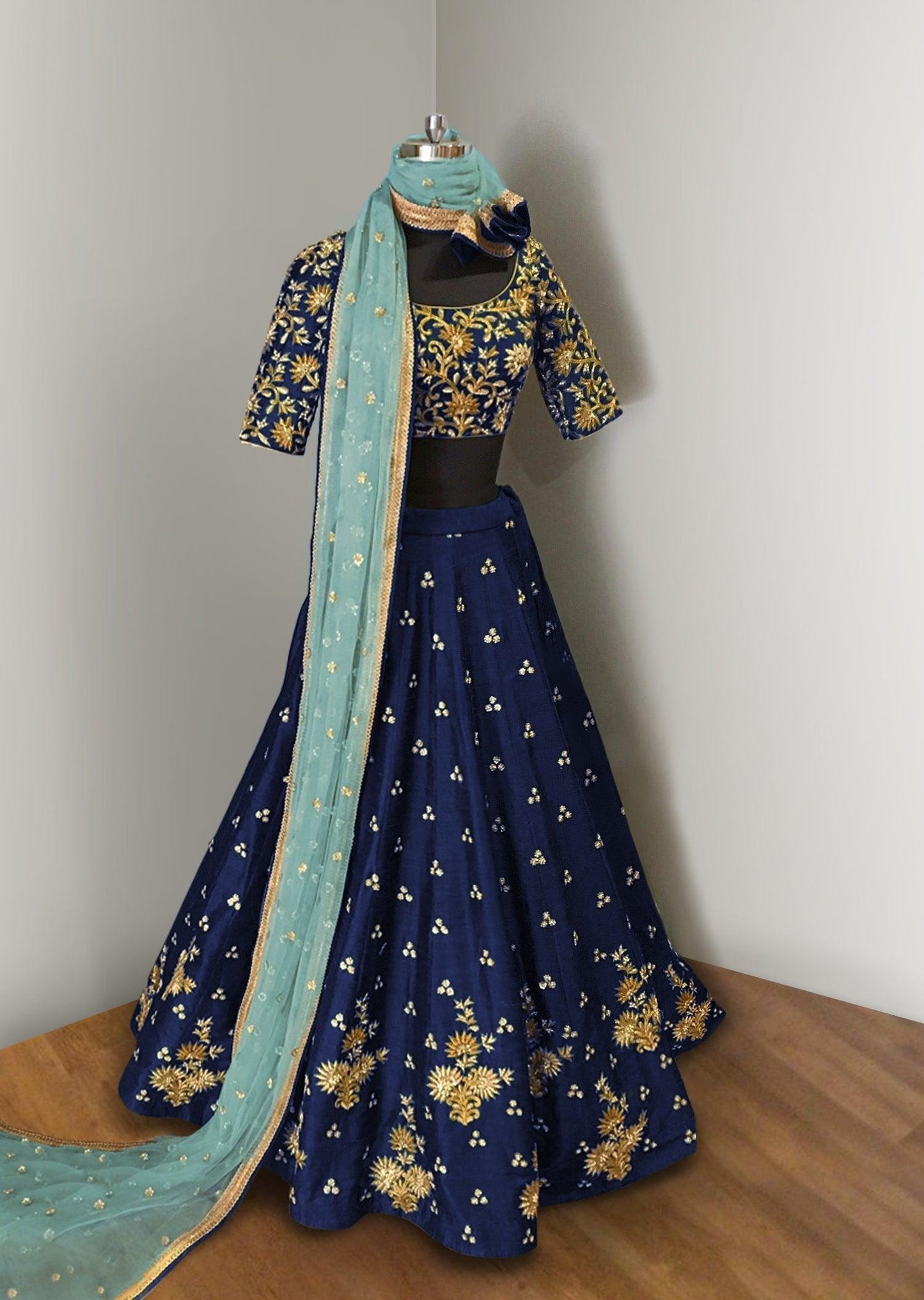 Navy Blue Elegance Lehenga Choli With Light Blue Net Dupatta