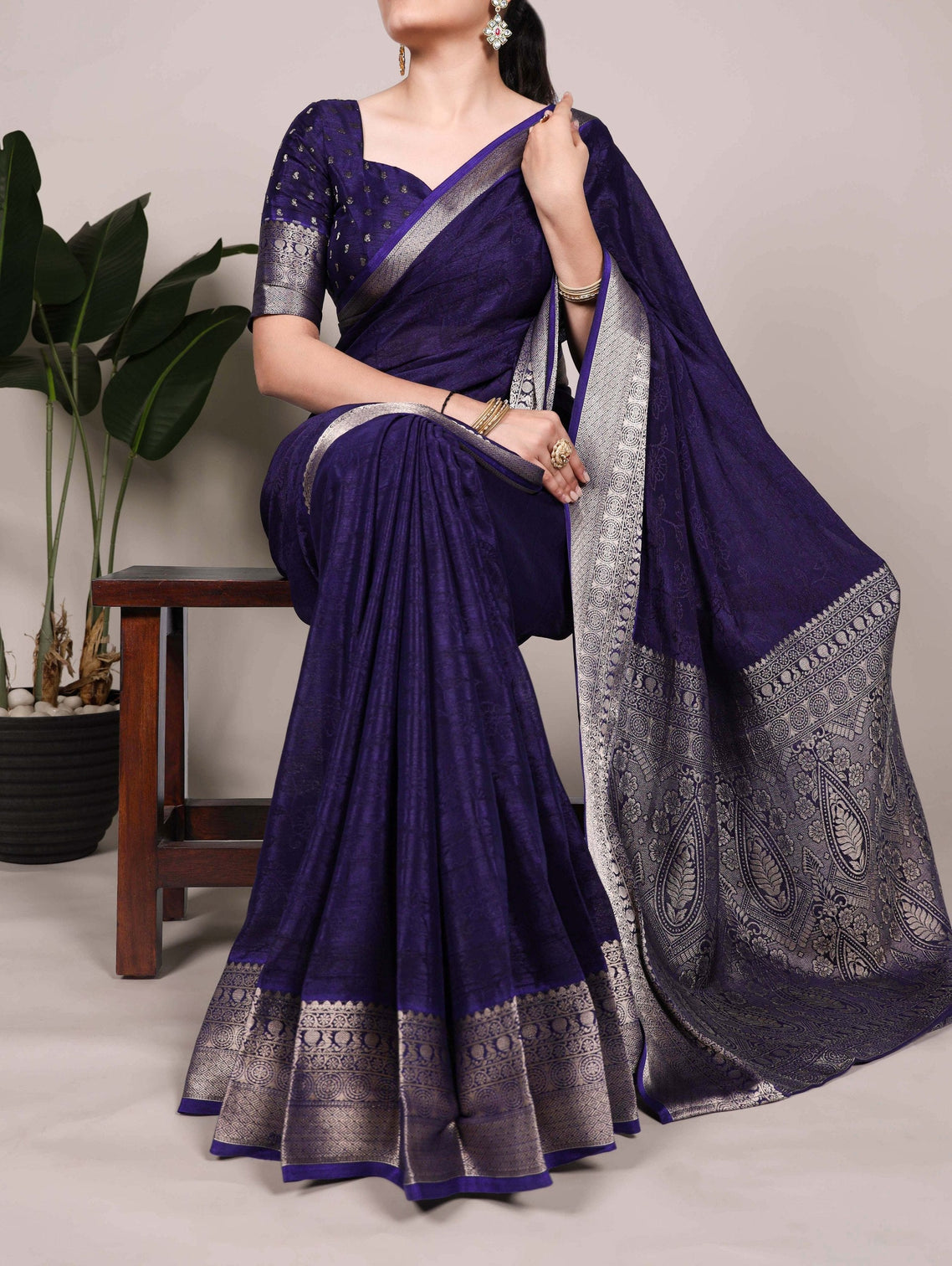 Navy Blue Elegant Chinon Saree with Self Print & Zari Weaving Work Unstitched Blouse Included
