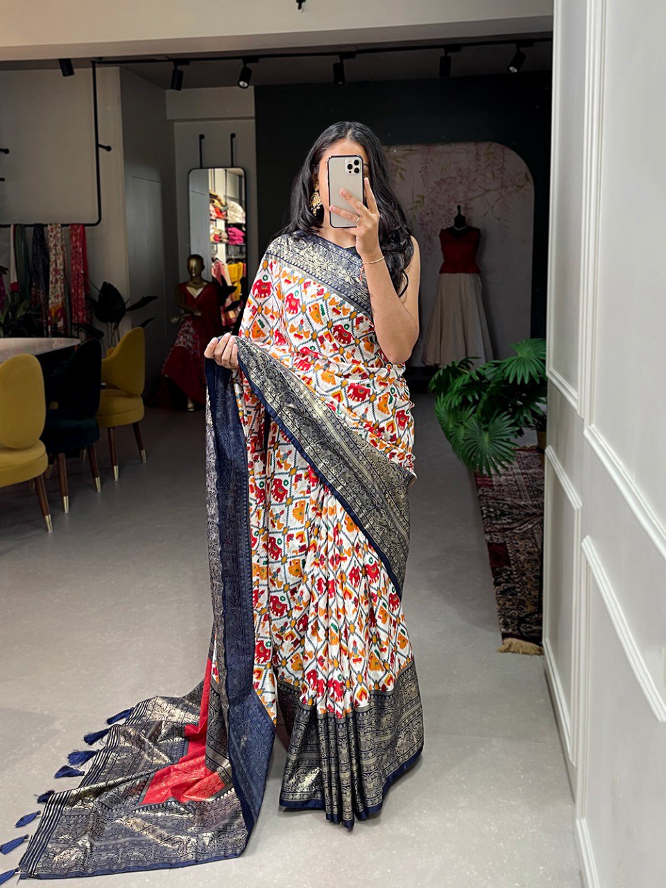 Navy Blue Elegant Dola Silk Patola Print Saree with Foil Work Border