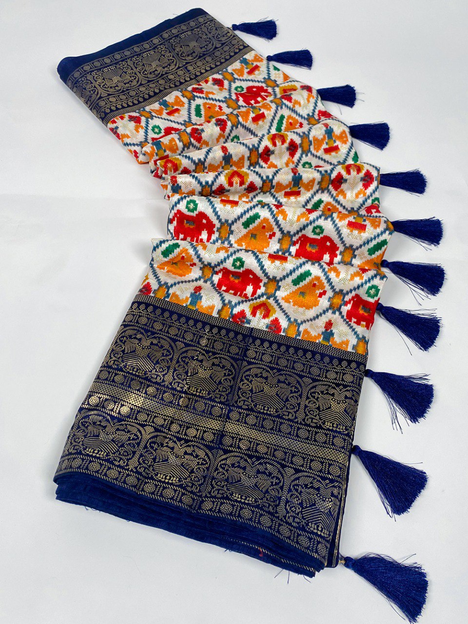 Navy Blue Elegant Dola Silk Patola Print Saree with Foil Work Border
