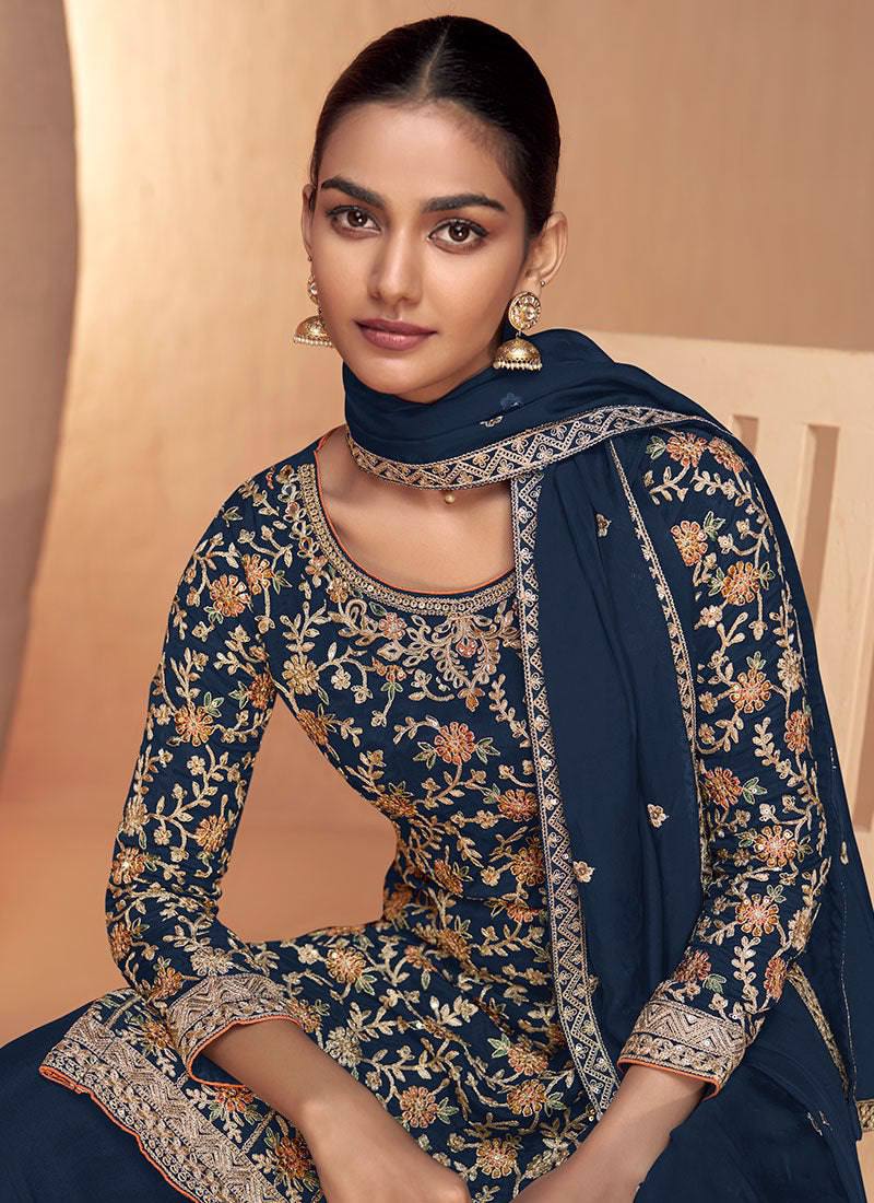 Navy Blue Elegant Full-Stitched Chinon Embroidered Suit Set with Dupatta
