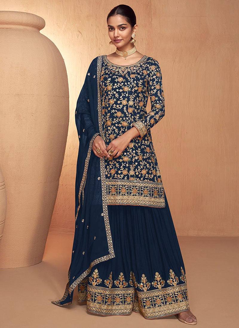 Navy Blue Elegant Full-Stitched Chinon Embroidered Suit Set with Dupatta