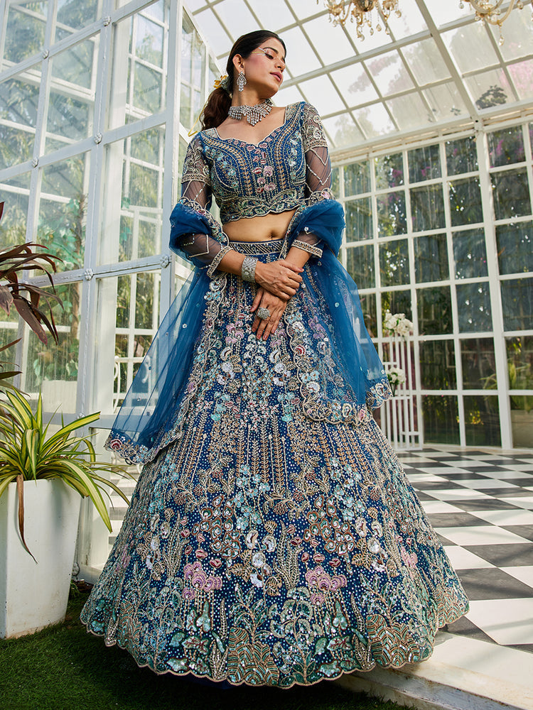Navy Blue Elegant Multi-Color Sequin Embroidered Net Lehenga Choli Dupatta