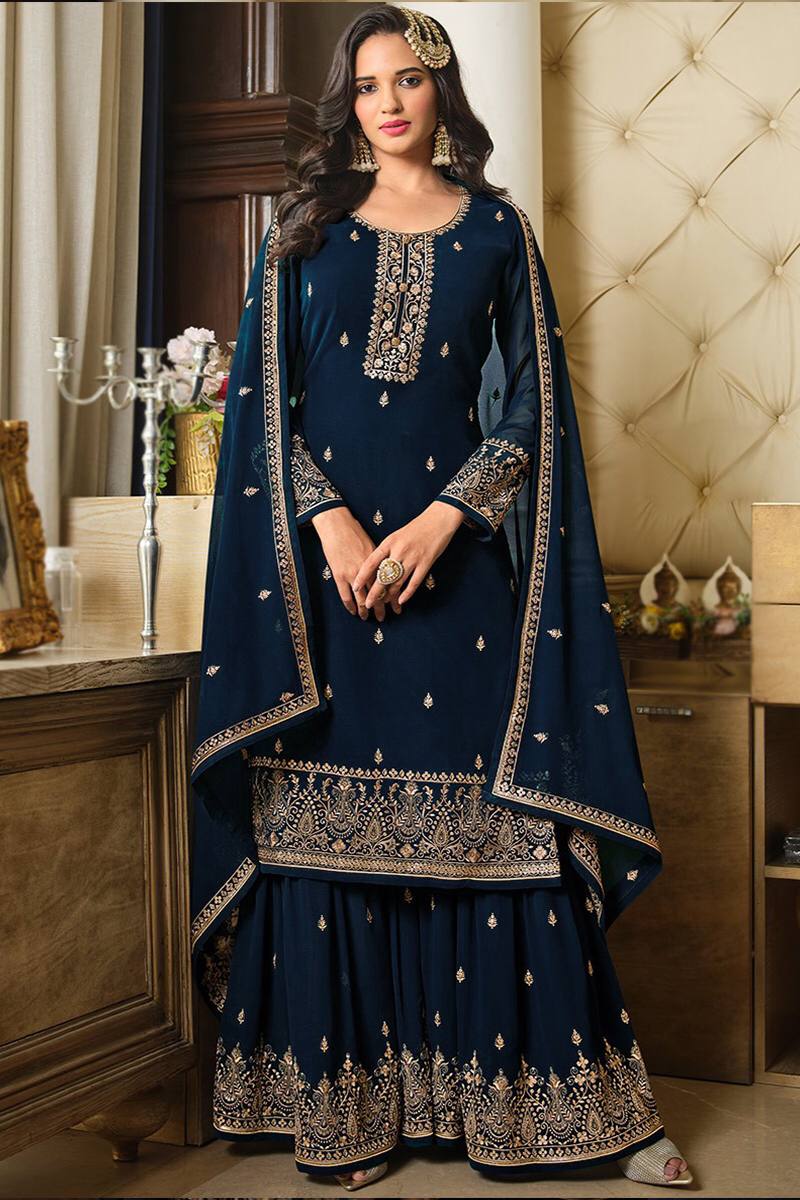 Navy Blue Embroidered Georgette Pakistani Suit