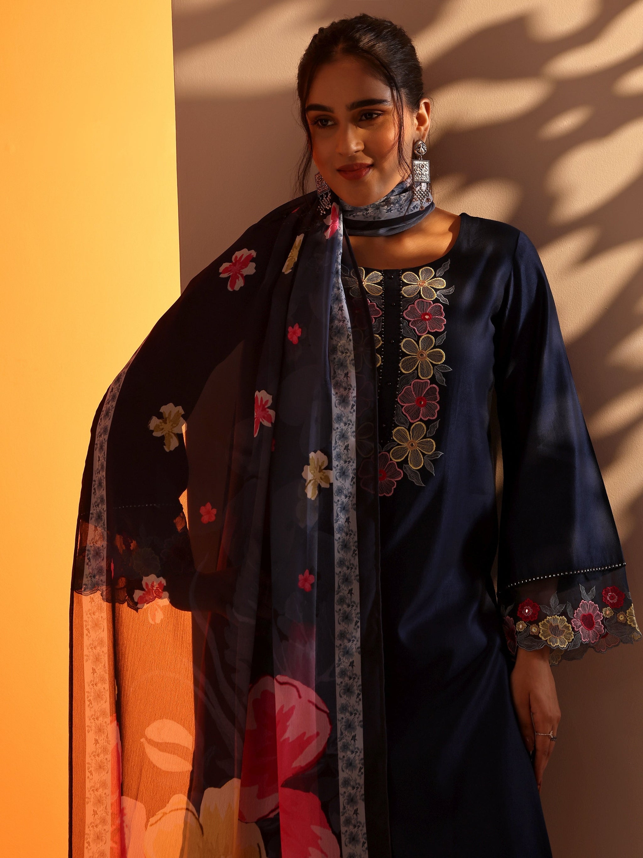 Libas Navy Blue Embroidered Silk Blend Straight Suit Set With Dupatta