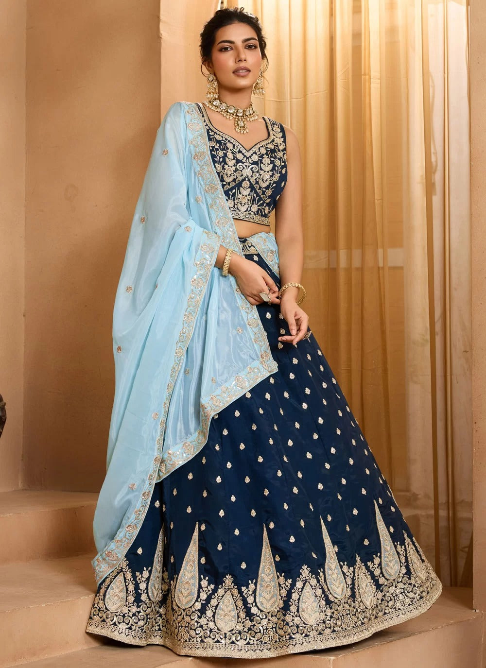 Navy blue embroidered wedding lehenga choli in organza with turquoise dupatta