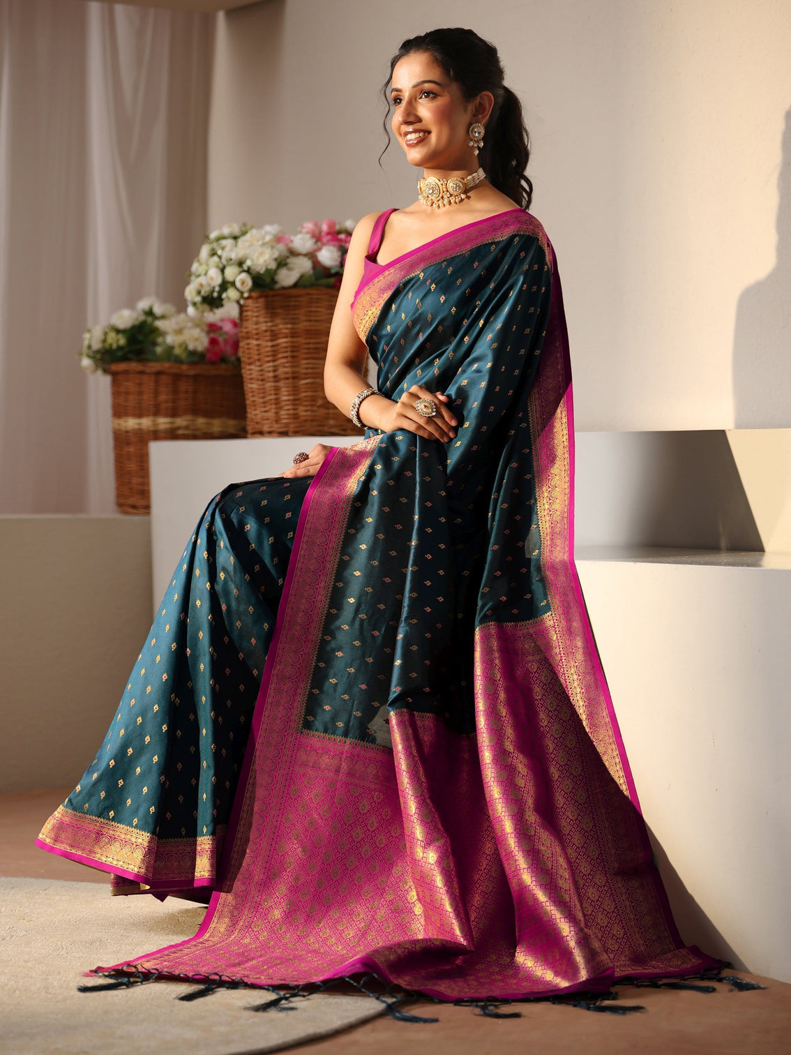 Mameraa Navy Blue Kanjeevaram Silk Blend Saree