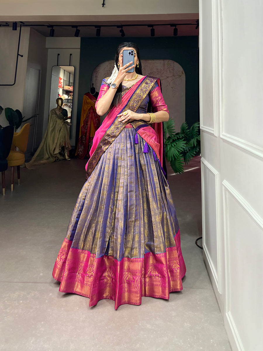 Navy Blue Exquisite Kanjivaram Silk Lehenga Choli with Zari Weaving