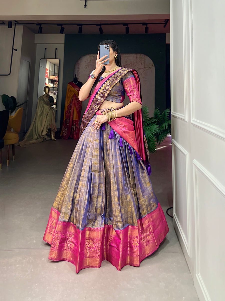 Navy Blue Exquisite Kanjivaram Silk Lehenga Choli with Zari Weaving