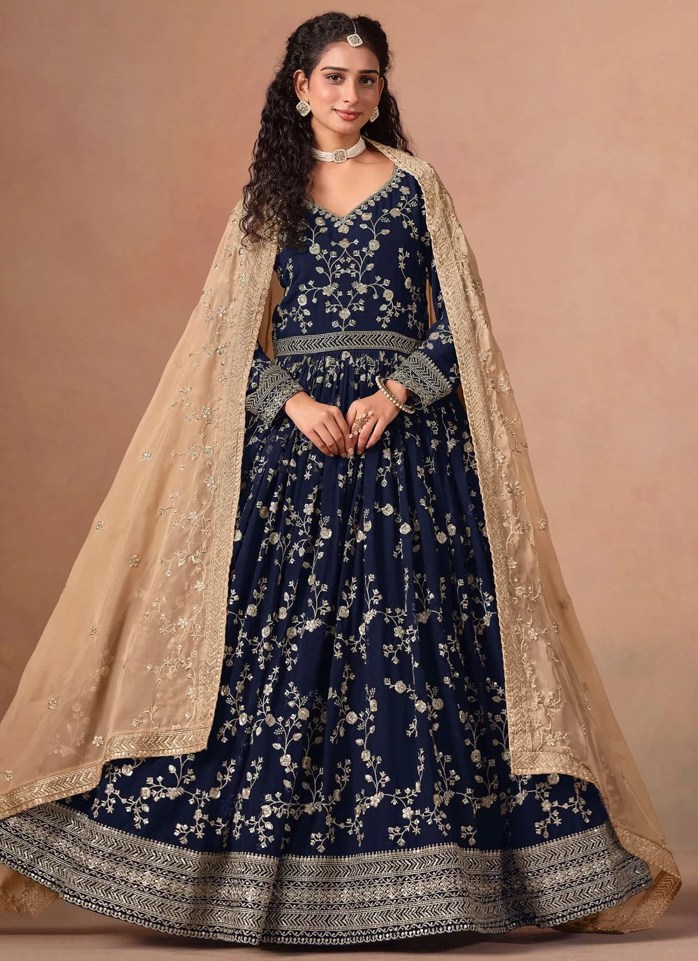 Elegant navy blue faux georgette embroidered floor length anarkali suit with organza dupatta