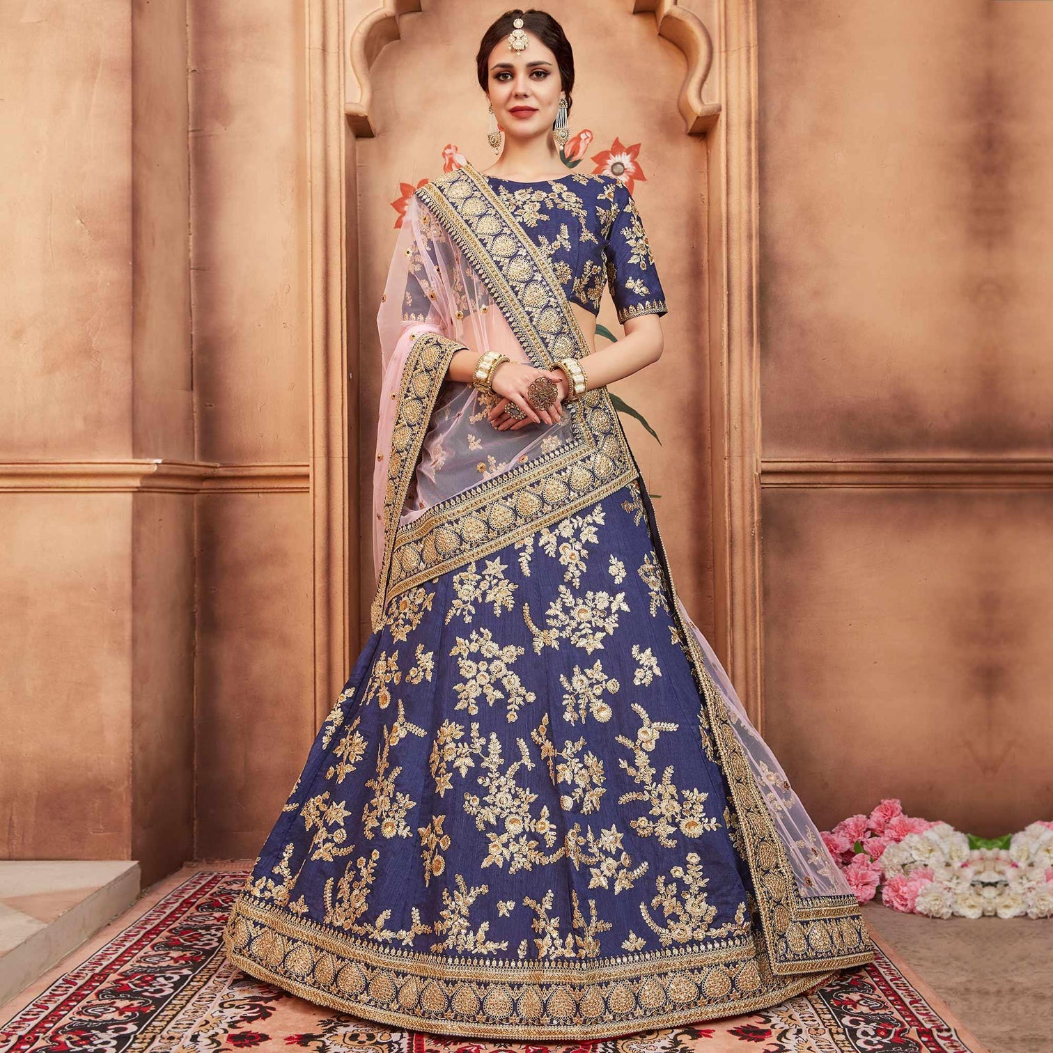 Navy Blue Festive Wear Dori Sequins Work Art Silk Lehenga Choli