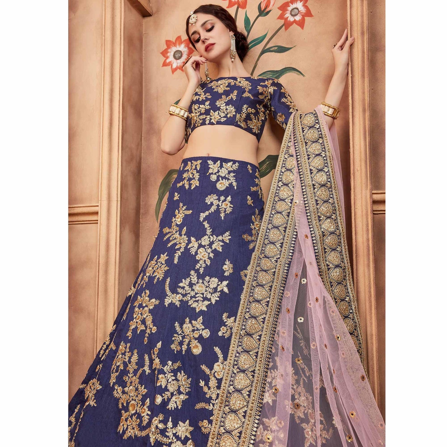 Navy Blue Festive Wear Dori Sequins Work Art Silk Lehenga Choli