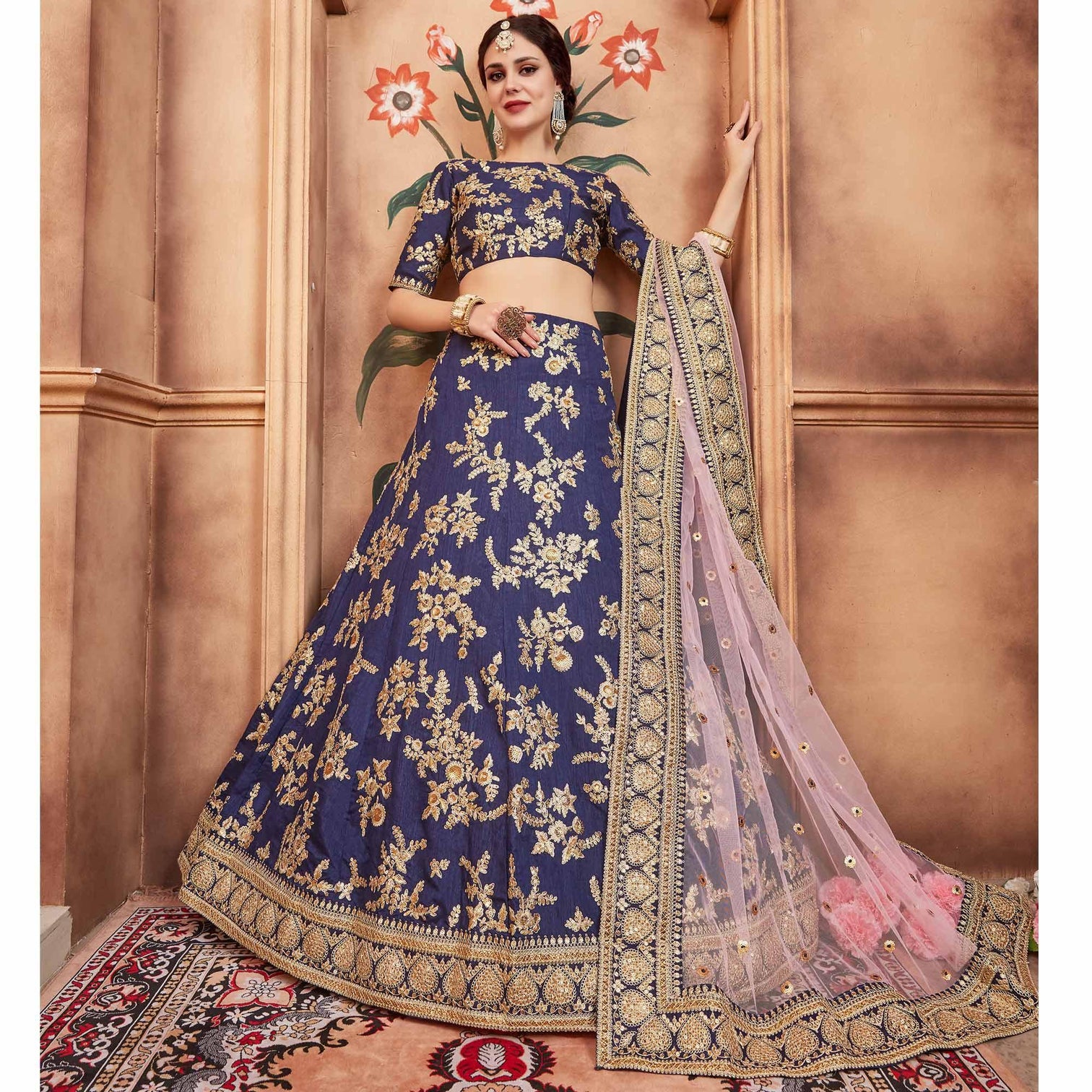 Navy Blue Festive Wear Dori Sequins Work Art Silk Lehenga Choli
