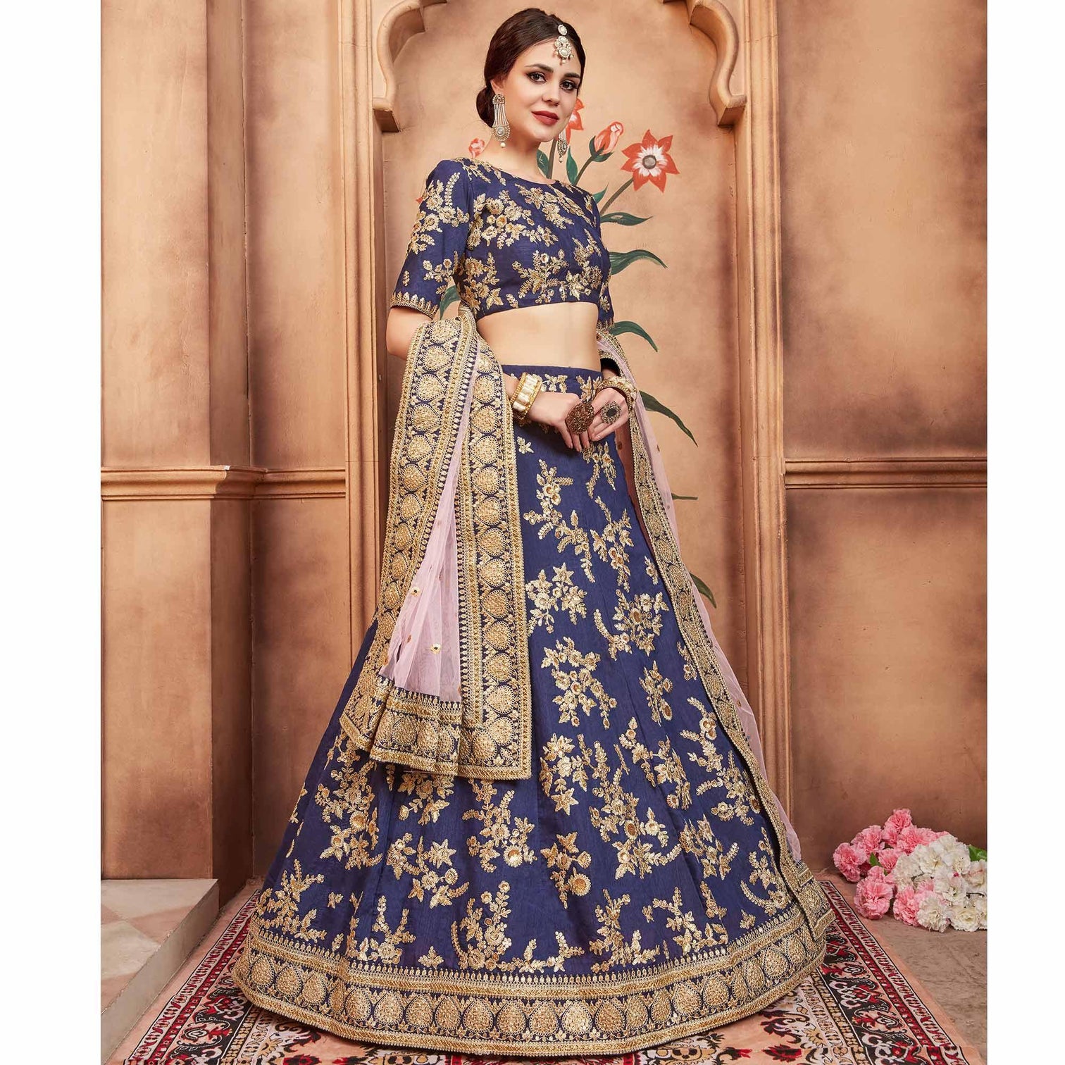 Navy Blue Festive Wear Dori Sequins Work Art Silk Lehenga Choli