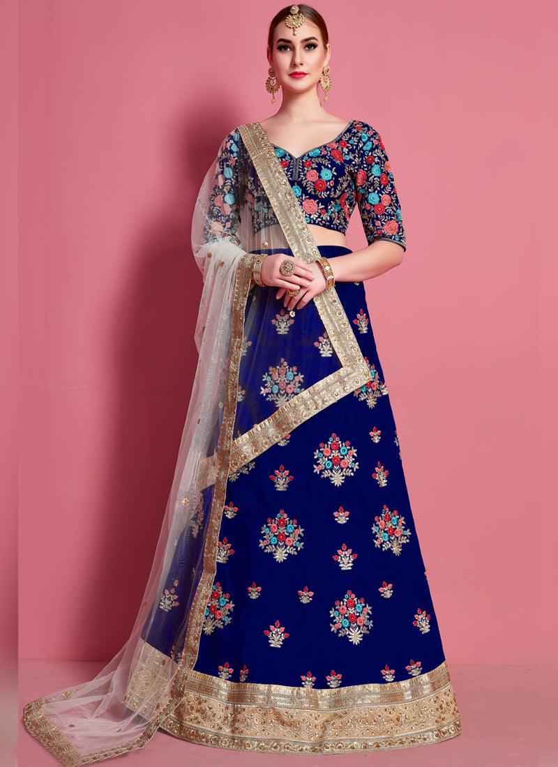 Navy Blue Floral Motif Art Silk Base Wedding Wears Lehenga Choli