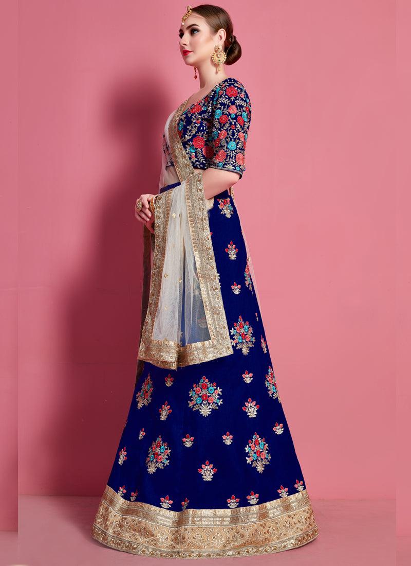 Navy Blue Floral Motif Art Silk Base Wedding Wears Lehenga Choli