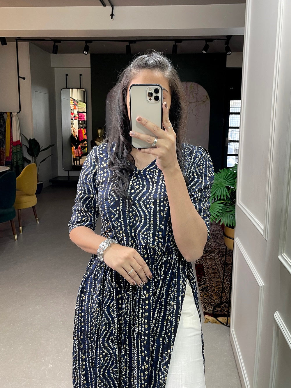 Navy Blue Foil Printed Cotton Kurti
