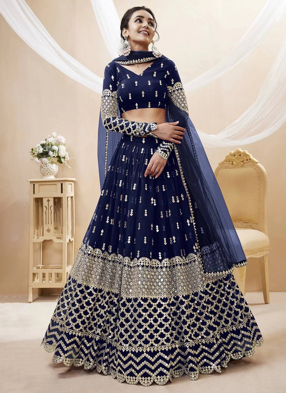 Navy blue georgette party wear indian engagement lehenga choli