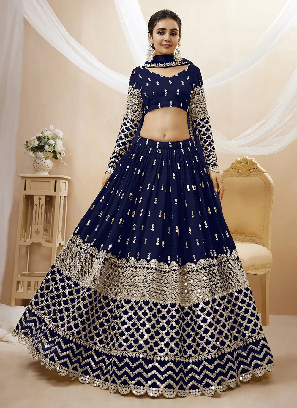 Navy blue georgette party wear indian engagement lehenga choli