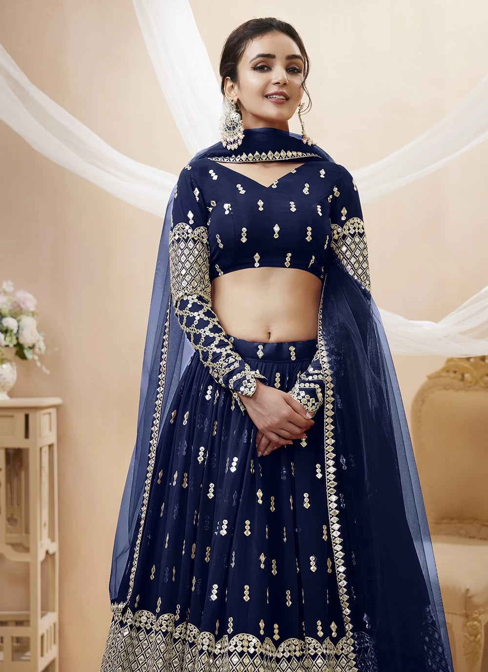 Navy blue georgette party wear indian engagement lehenga choli