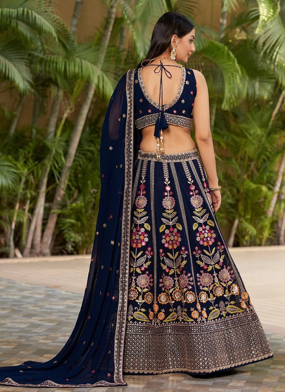 Navy blue georgette zari sequins work party wear lehenga choli