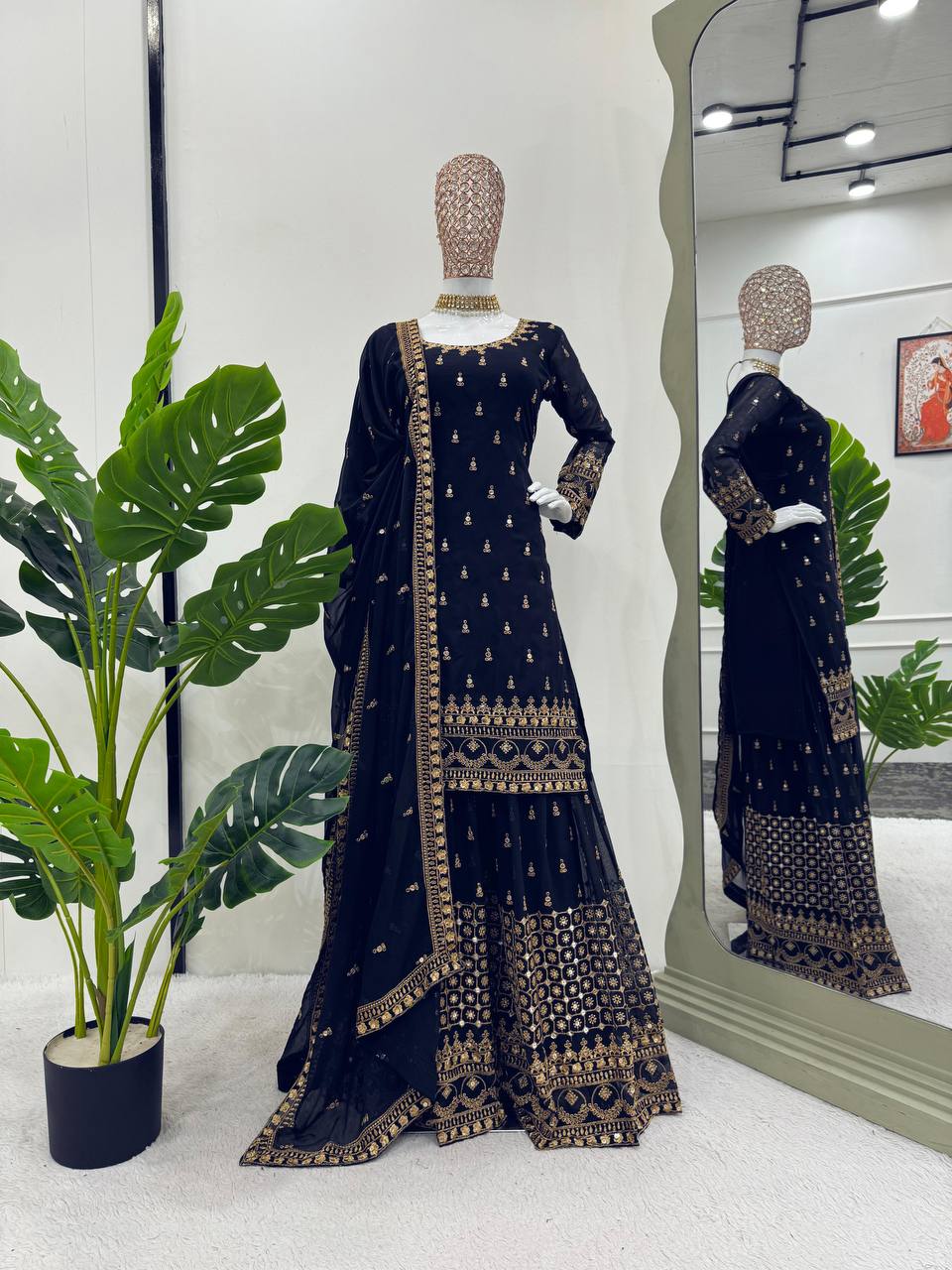 Navy Blue Glamorous Faux Georgette Plazo Set with Dupatta