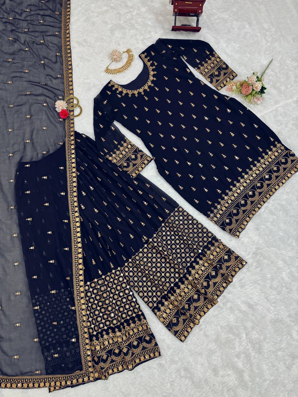 Navy Blue Glamorous Faux Georgette Plazo Set with Dupatta