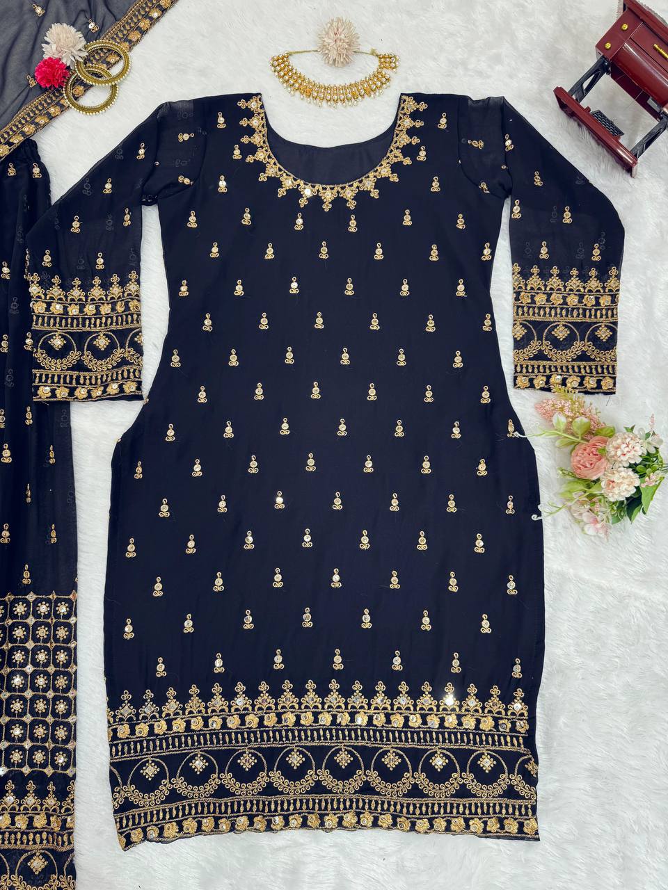 Navy Blue Glamorous Faux Georgette Plazo Set with Dupatta