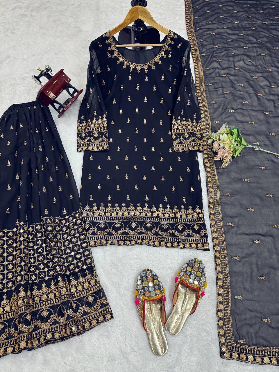 Navy Blue Glamorous Faux Georgette Plazo Set with Dupatta