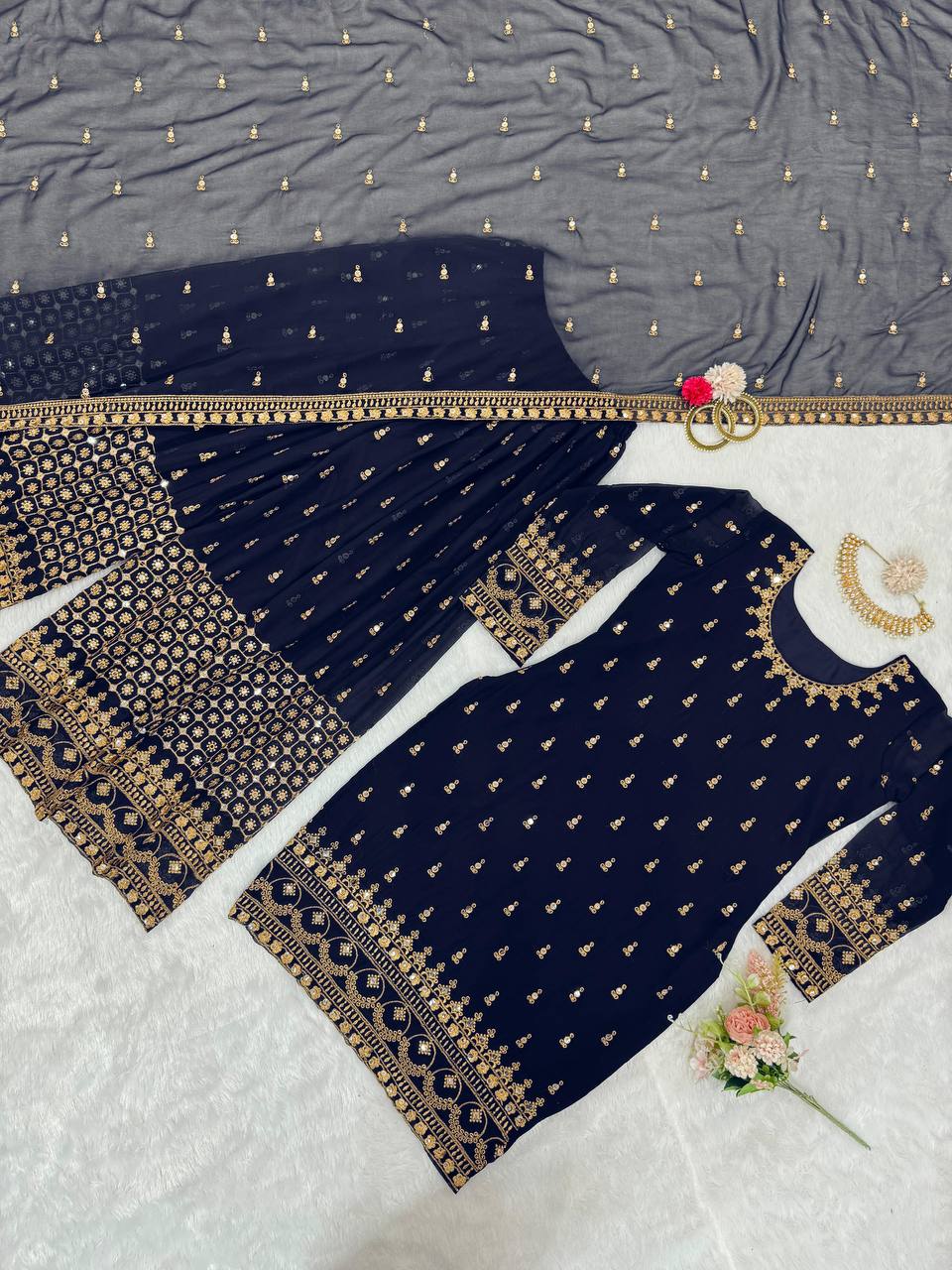 Navy Blue Glamorous Faux Georgette Plazo Set with Dupatta