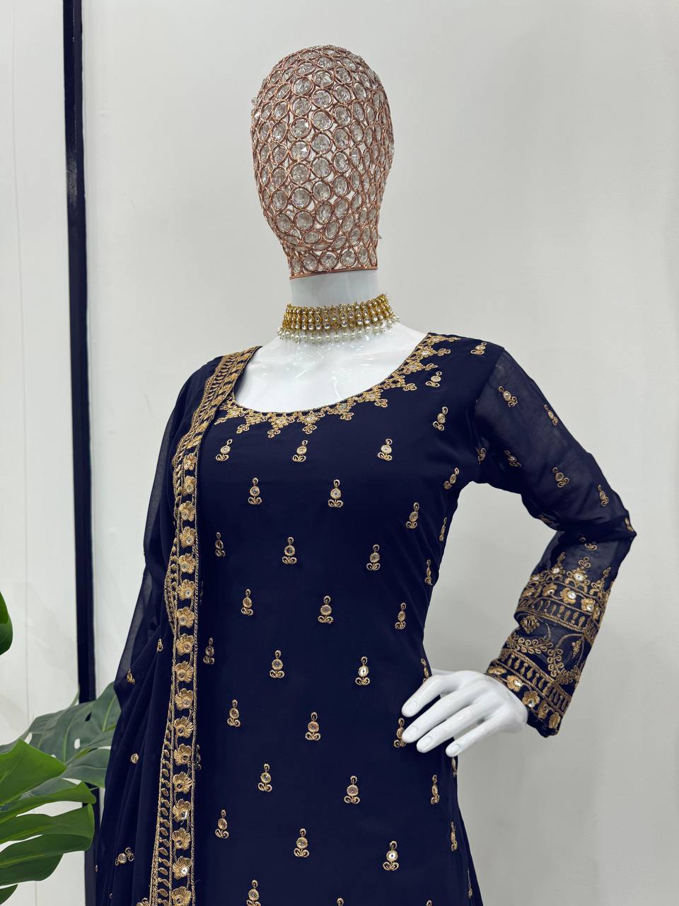 Navy Blue Glamorous Faux Georgette Plazo Set with Dupatta